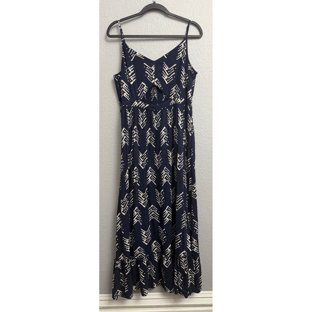 Aerie Navy Blue Geometric Print Cutout Smocked Maxi Dress XL Boho Ruffle Hem